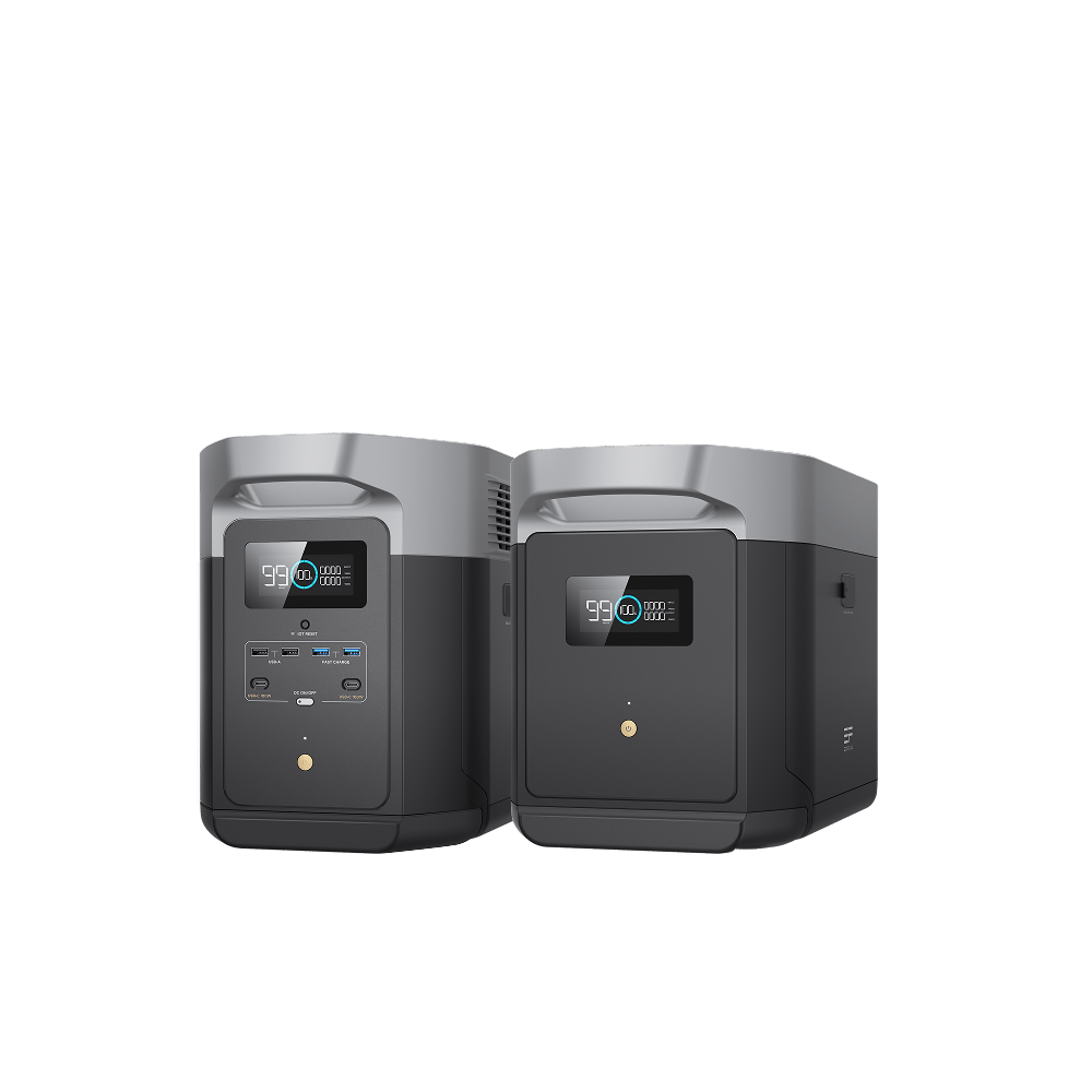 EcoFlow Delta 2 Max portable power station beside a Delta 2 Max Smart Extra Battery, the expansion pairing that takes the system to 6144Wh