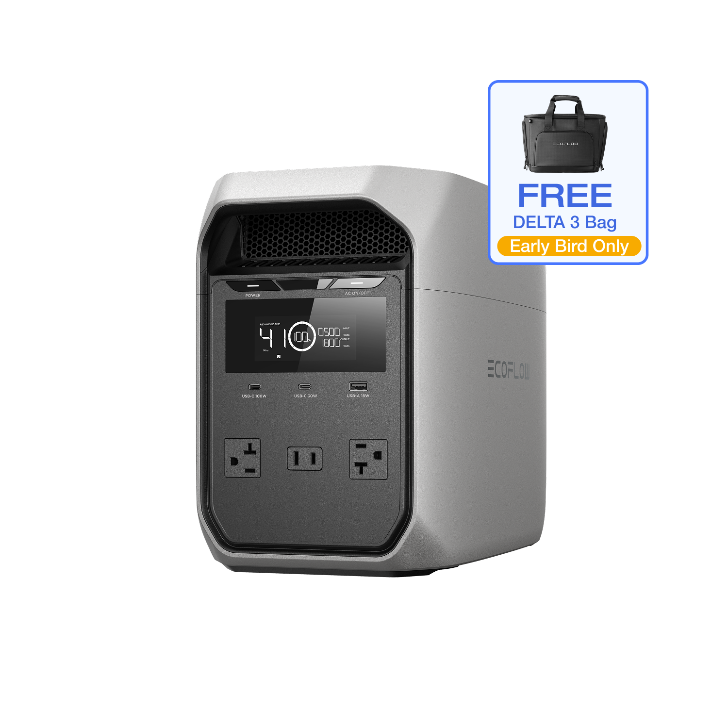 EcoFlow Delta 3 Classic front panel with display, AC outlets and USB ports