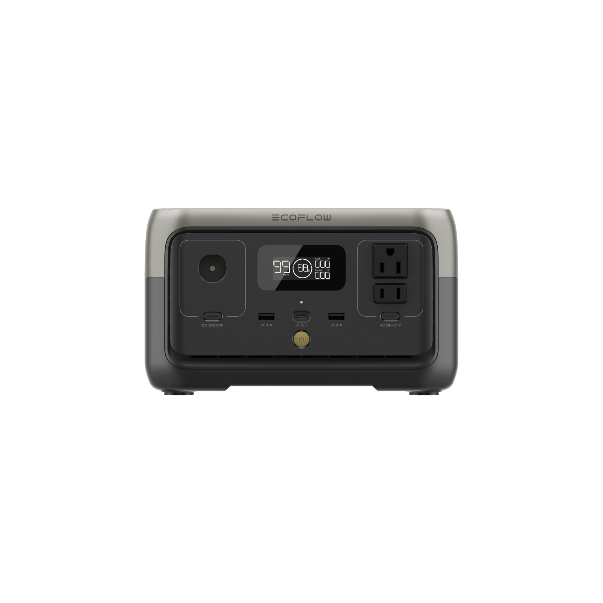 EcoFlow RIVER 2 front panel straight-on, showing two North American AC outlets, two USB-A ports, a USB-C port, the car DC port and the display