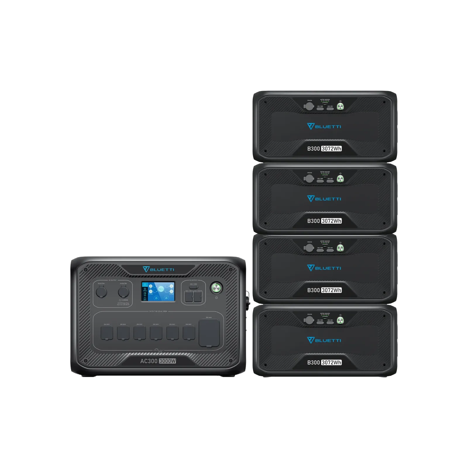 Bluetti AC300 inverter module beside four stacked B300 expansion batteries for 12288Wh capacity