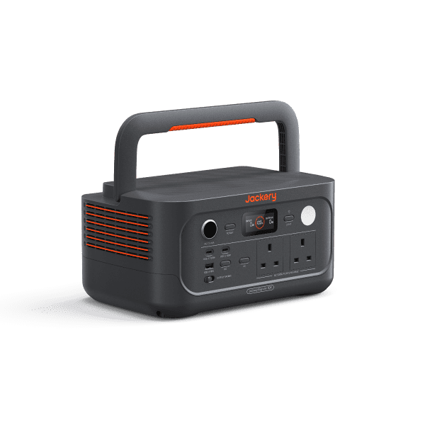 Jackery Explorer 500 v2 side view with fold-down carry handle and orange vents