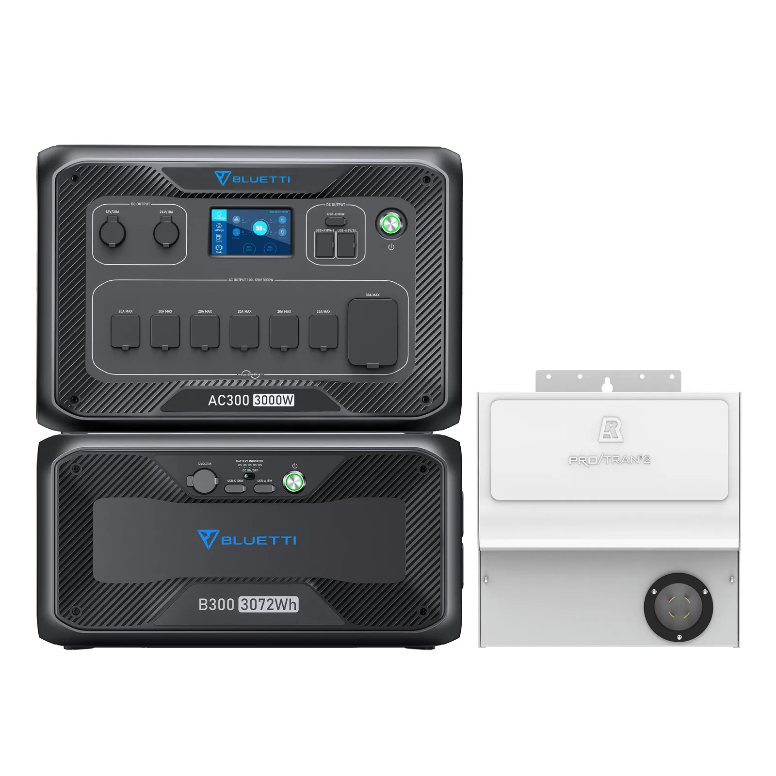 Bluetti AC300 and B300 power system beside a home integration transfer panel