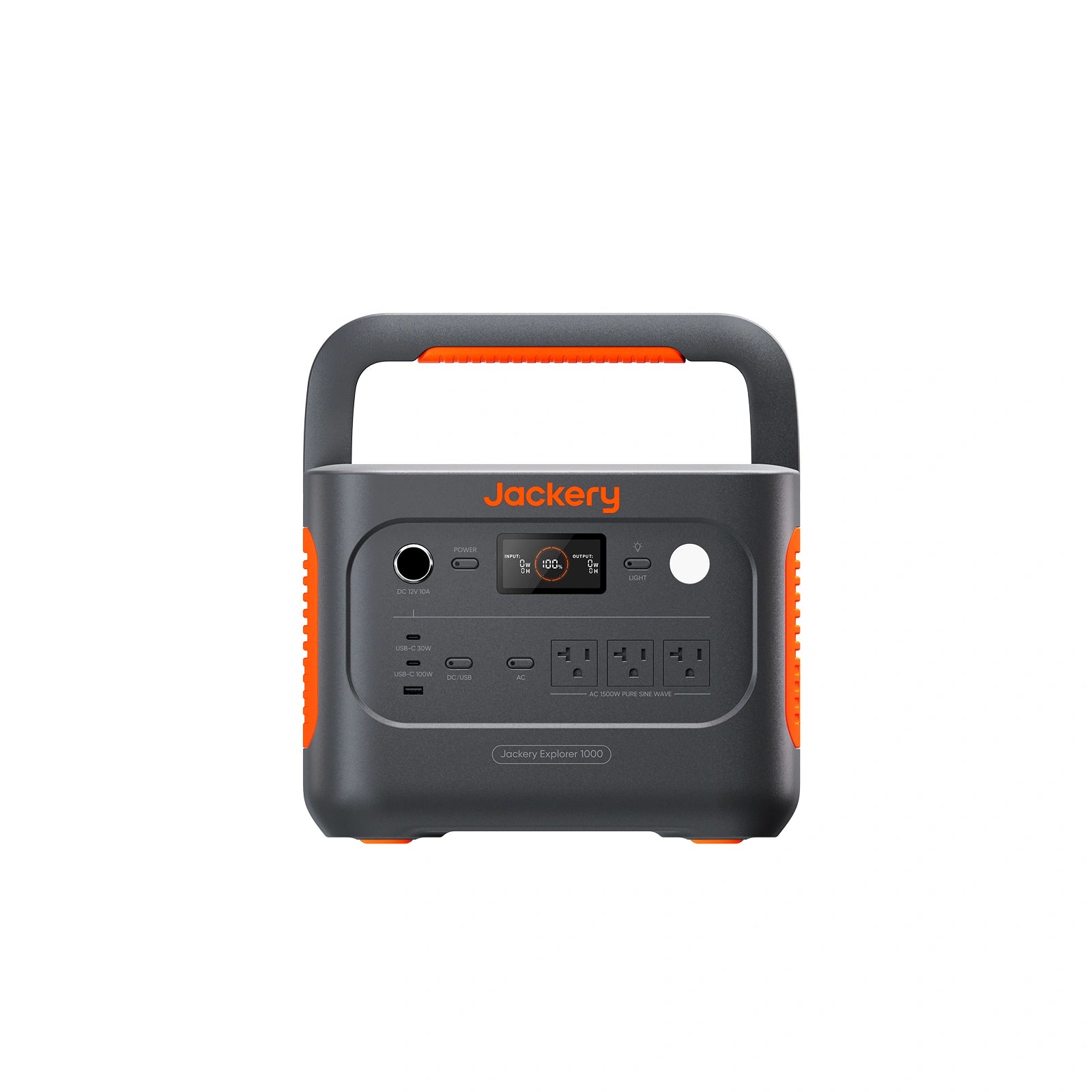Jackery Explorer 1000 v2 front panel showing 12V car port, USB-C 100W and 30W ports, USB-A port, display and three AC outlets