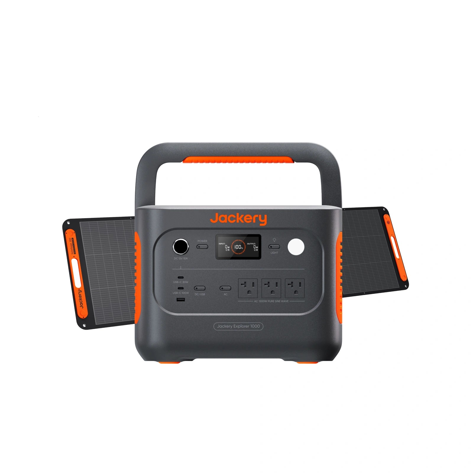 Jackery Explorer 1000 v2 portable power station with a SolarSaga 200W solar panel, front panel with three AC outlets and display visible