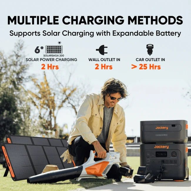 Jackery Explorer 2000 Plus with battery pack and SolarSaga panels powering a leaf blower outdoors