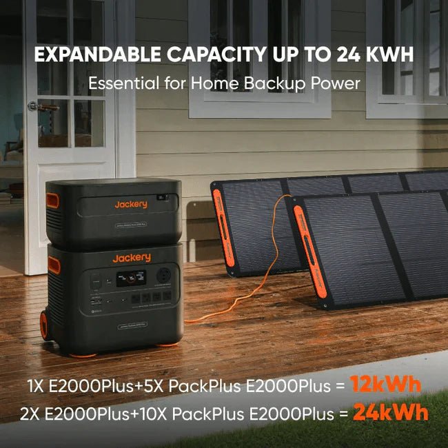 Jackery Explorer 2000 Plus with a Battery Pack 2000 Plus stacked on top and SolarSaga panels on a home porch, illustrating the system's expandable home backup setup