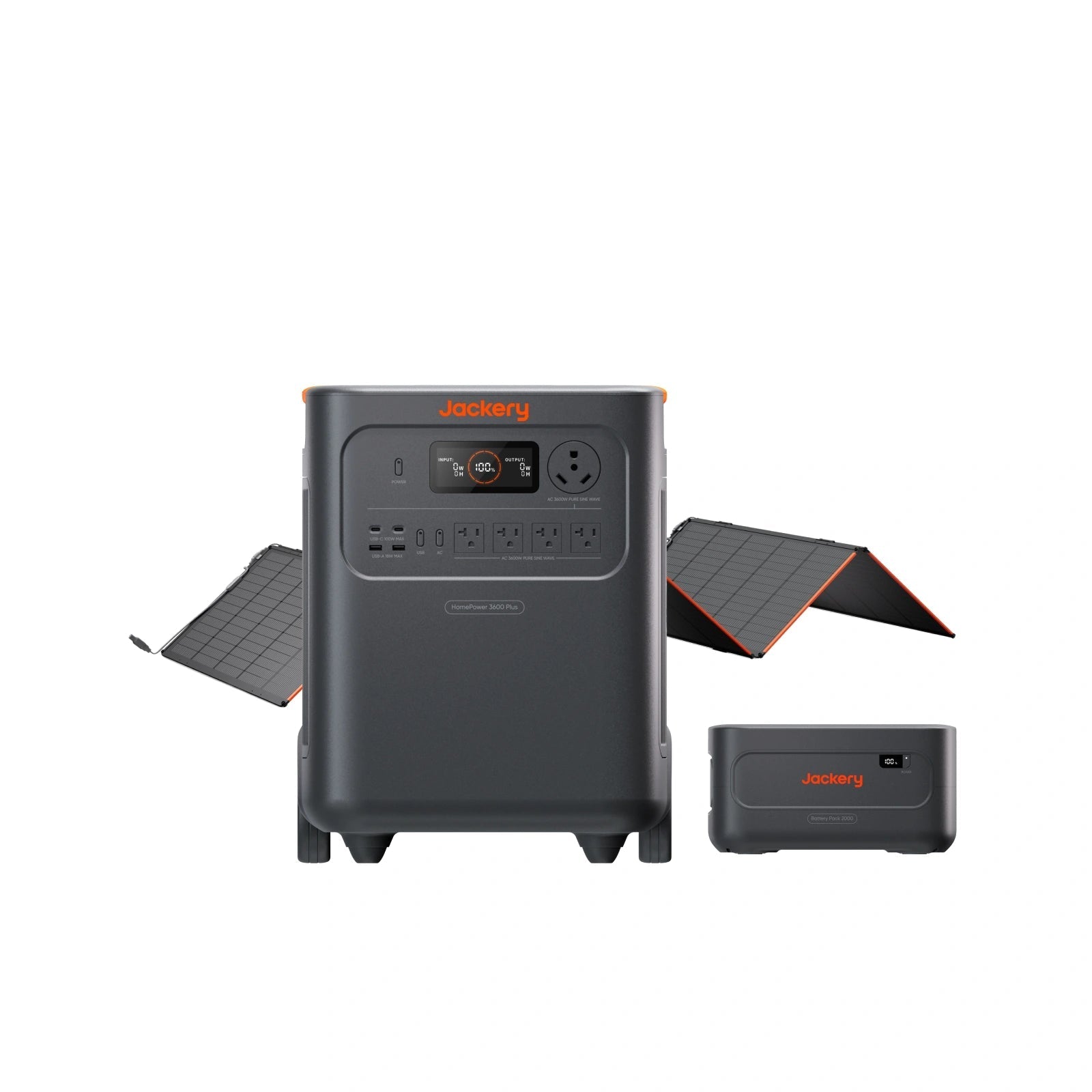 Jackery HomePower 3600 Plus with SolarSaga solar panels and a Battery Pack 3600 expansion battery beside it