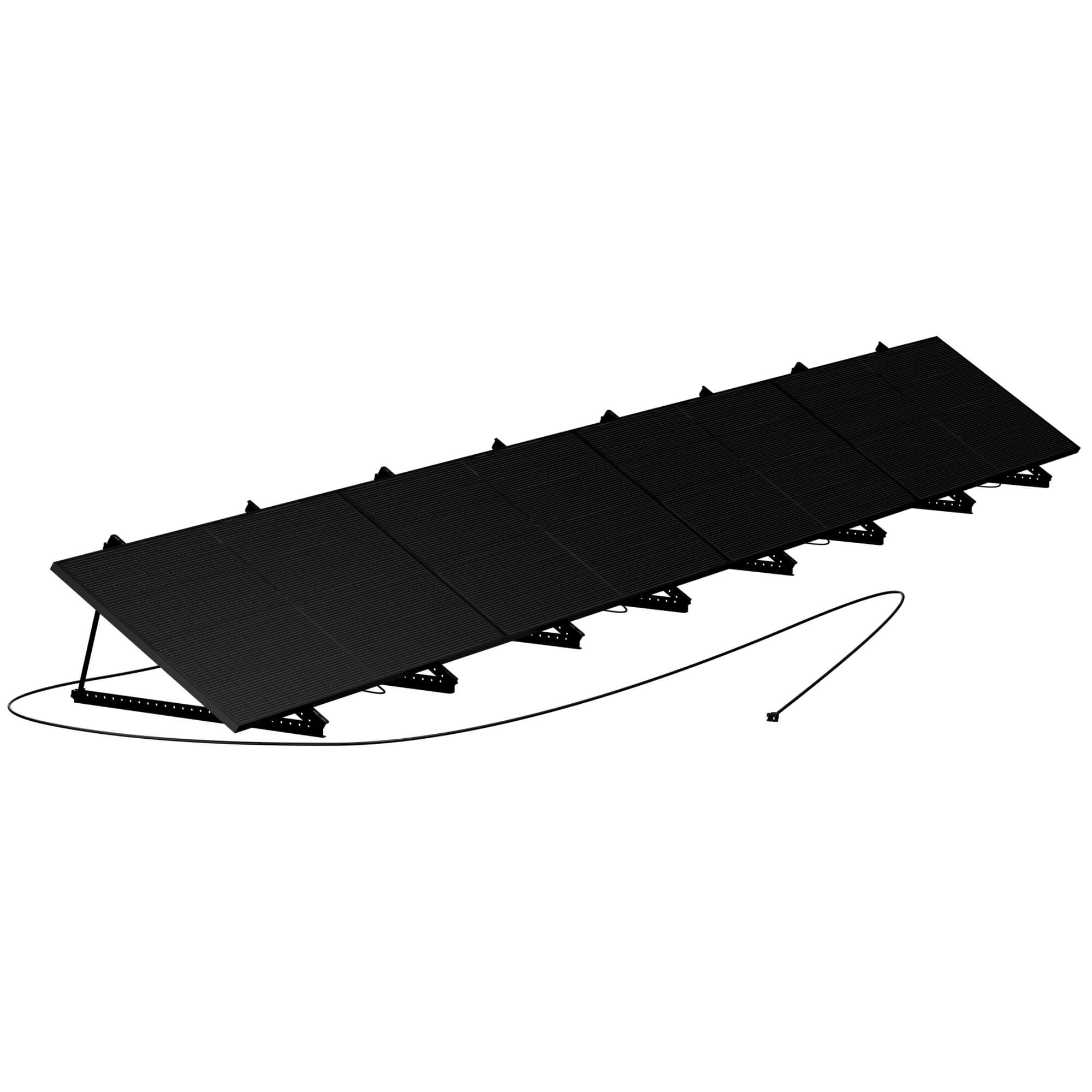 Mango Power S plug-in solar kit with four black 300W solar panels on ground-mount stands and a plug-in AC cable