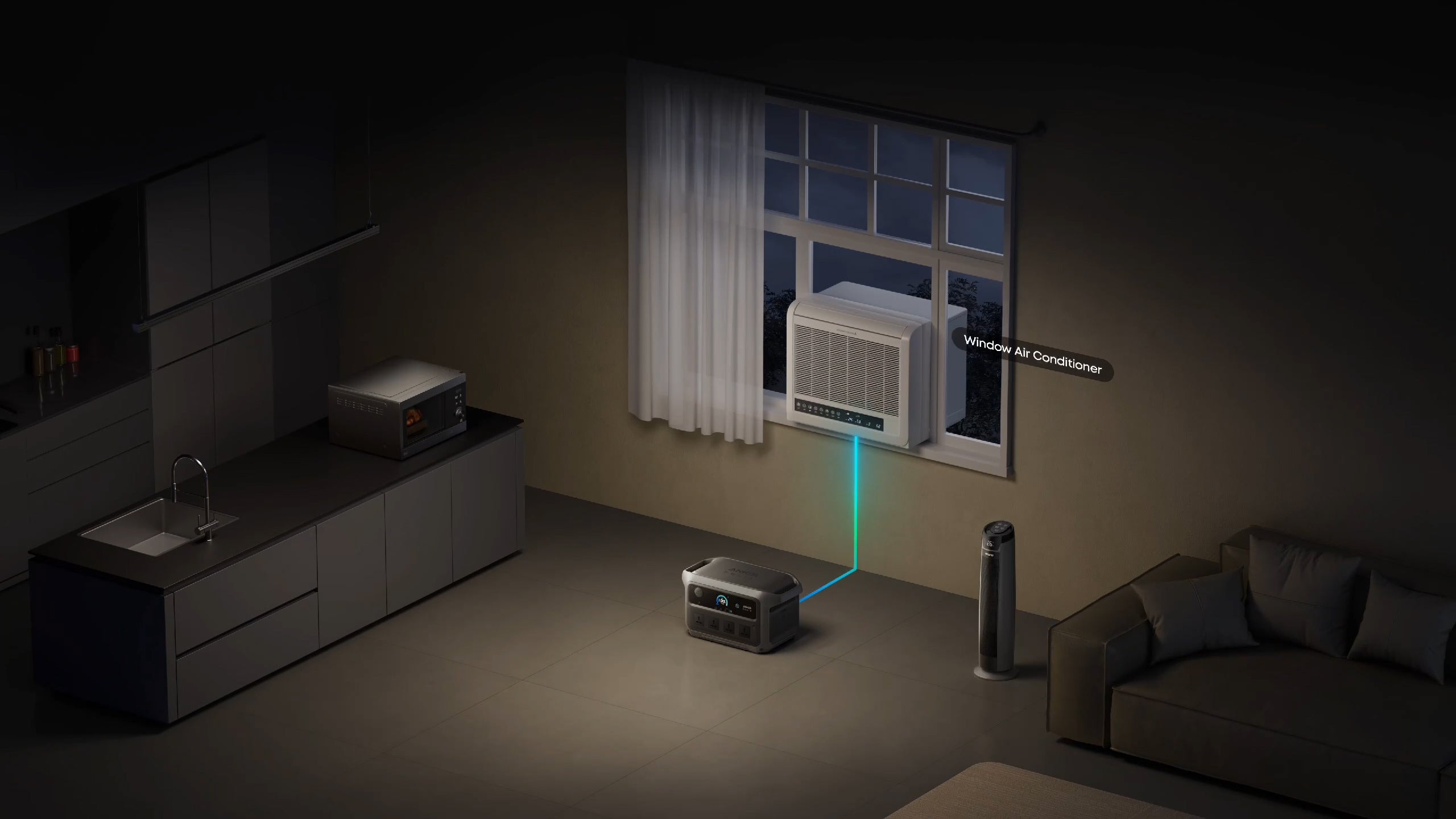 Anker Solix C2000 Gen 2 powering a window air conditioner during an outage