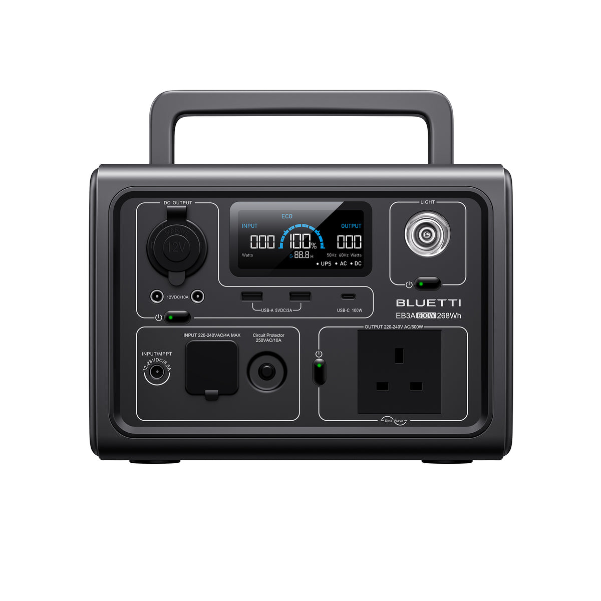 Bluetti EB3A portable power station, front panel