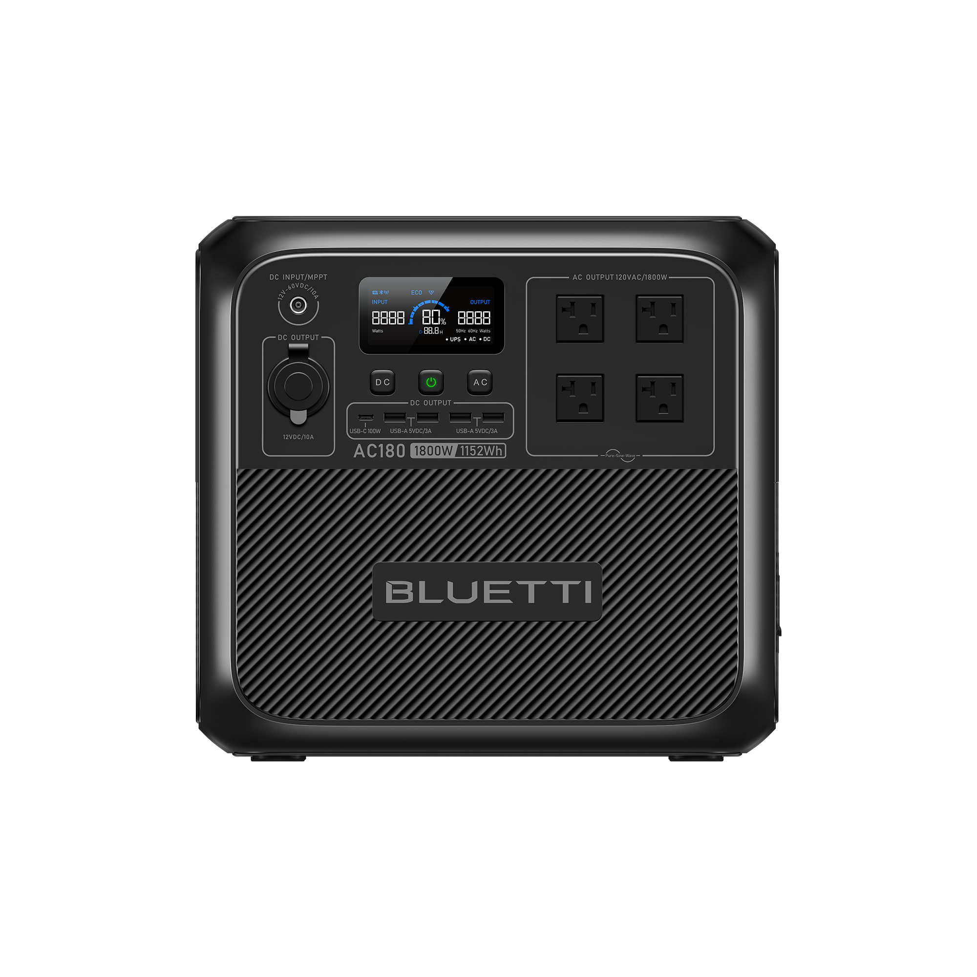 Bluetti AC180 front view showing wireless charging pad