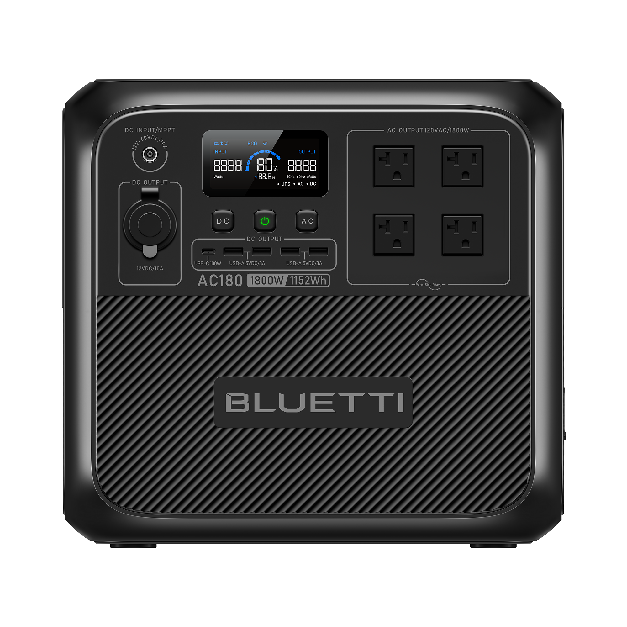 Bluetti AC180 front panel close-up with display and outlets
