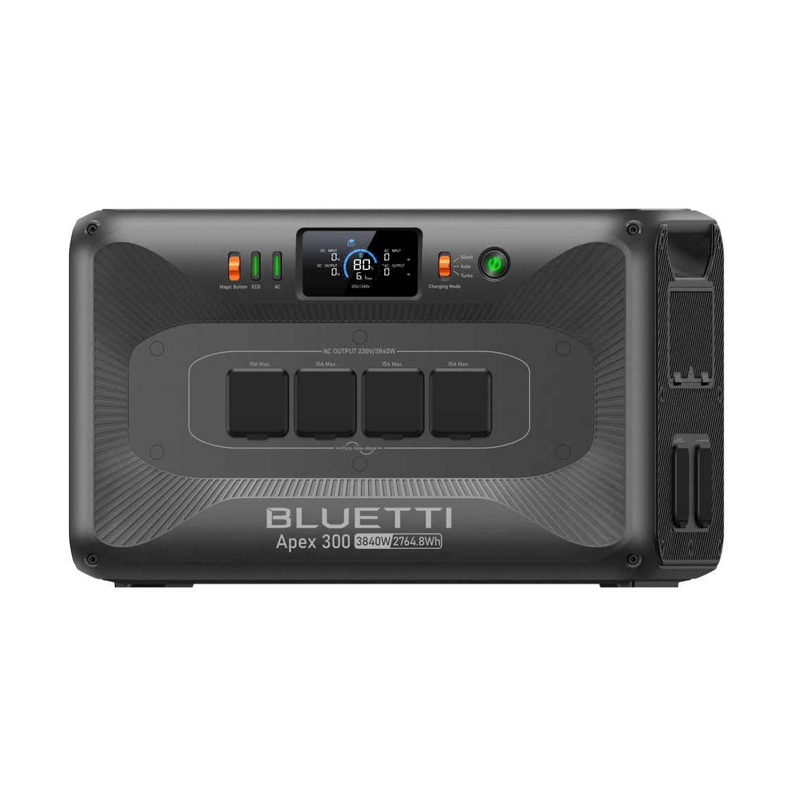 Bluetti Apex 300 front view with display and AC outlets