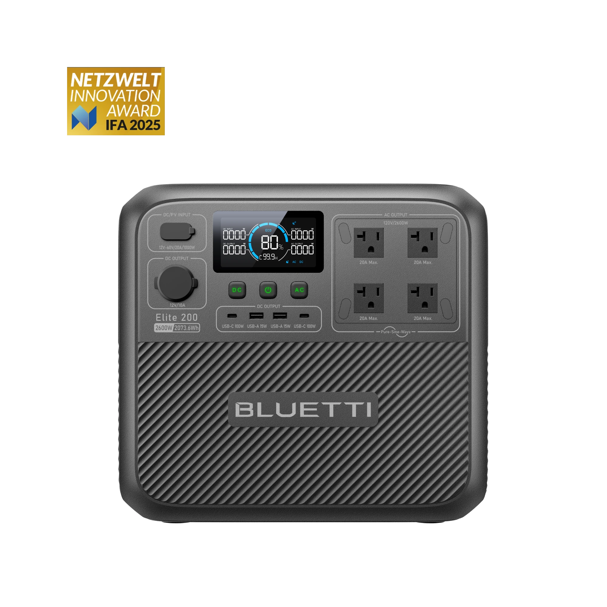 Bluetti Elite 200 V2 front panel with display, AC outlets and USB ports