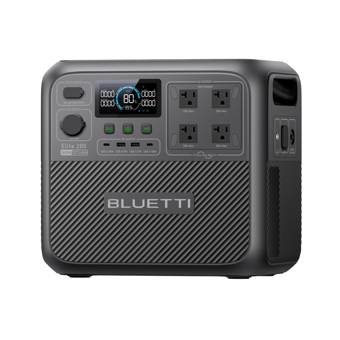 Bluetti Elite 200 V2 side view showing DC inputs and handle