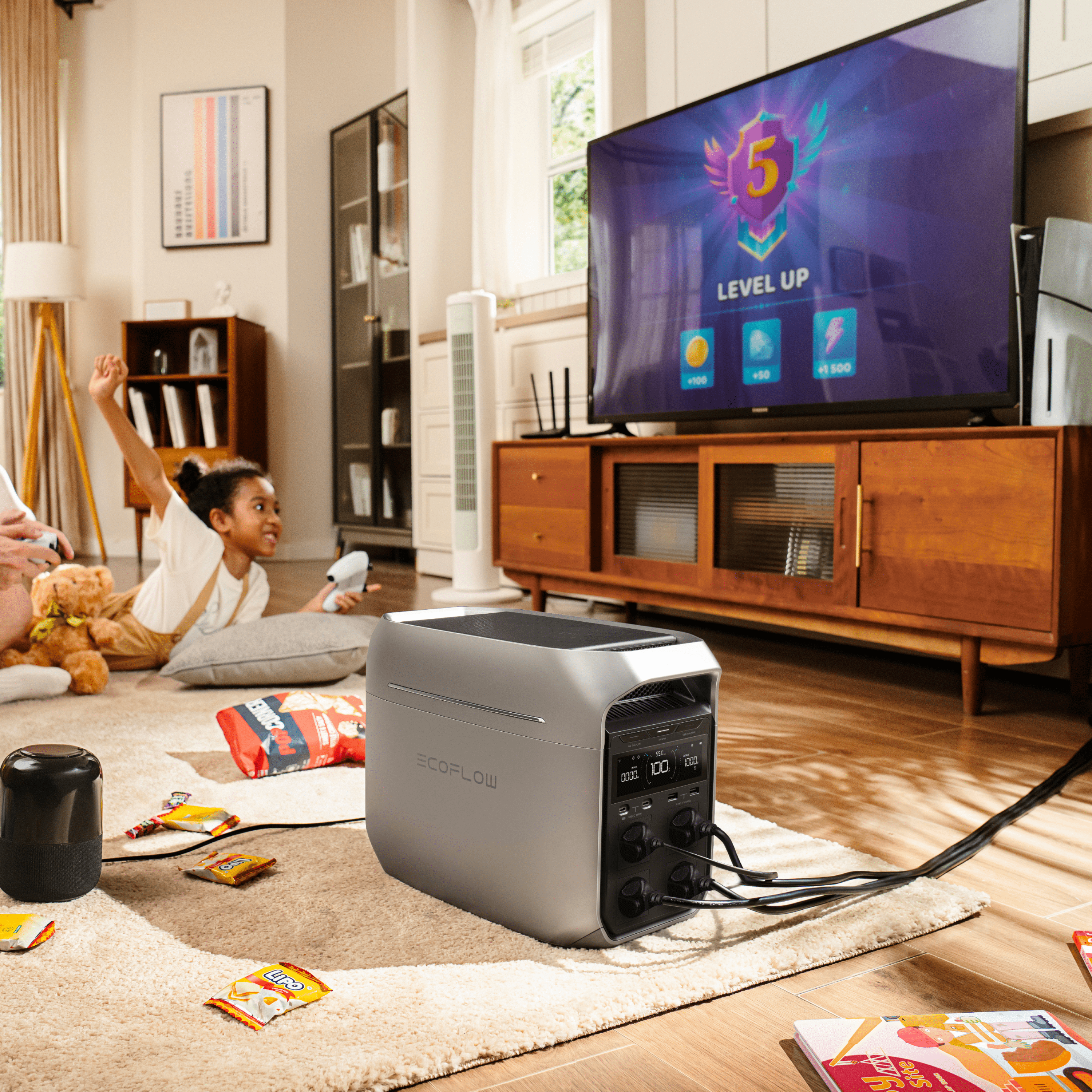 EcoFlow Delta 3 Plus in a living room during a power outage