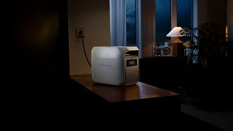 EcoFlow Delta 3 plugged in as home backup during a stormy evening