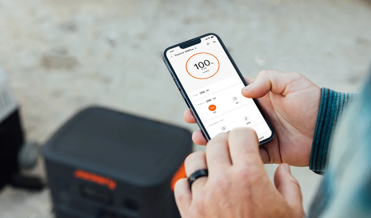 Jackery app showing Explorer 300 Plus battery level and controls on a smartphone
