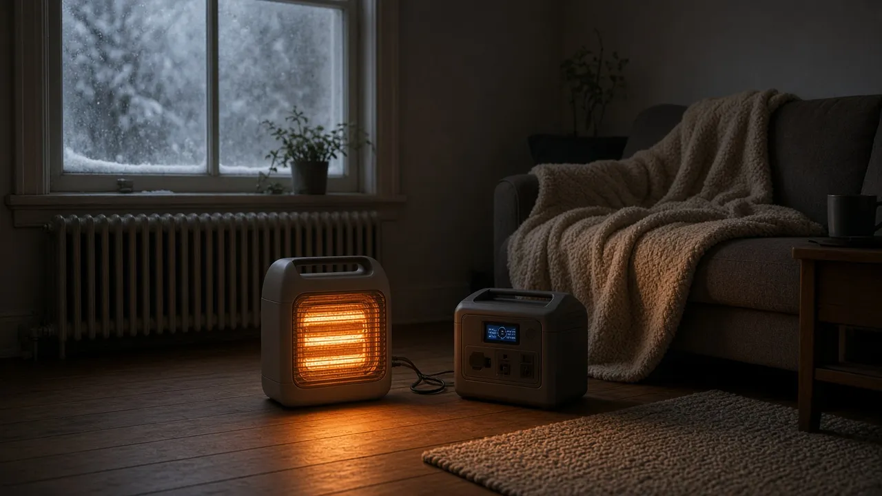 Small space heater plugged into a portable power station in a dark living room during a winter outage